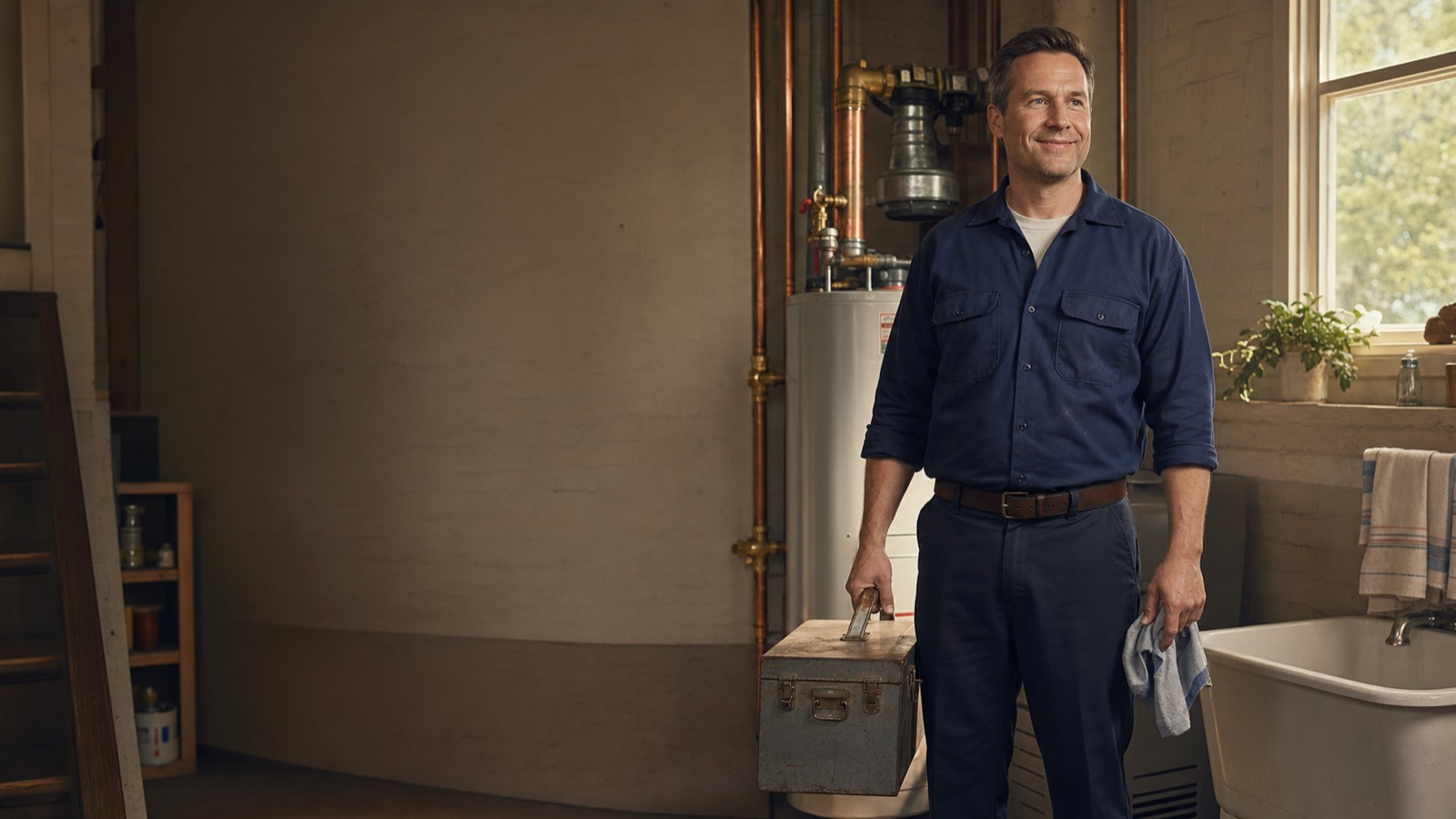 Plumbing professional beside a residential water heater
